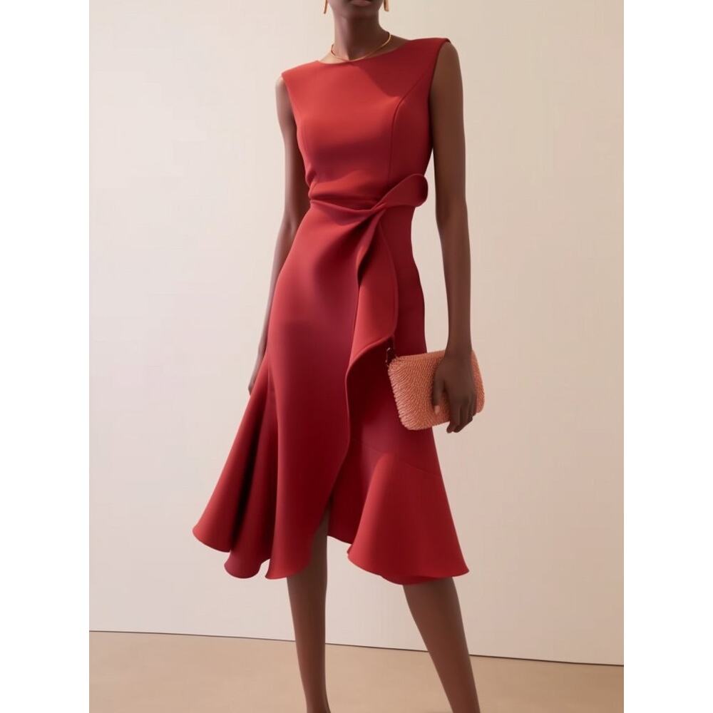 Fehaute Womens Ruffled Asymmetric Midi Dress Size 4 Red Sleeveless Boat Neck NWT